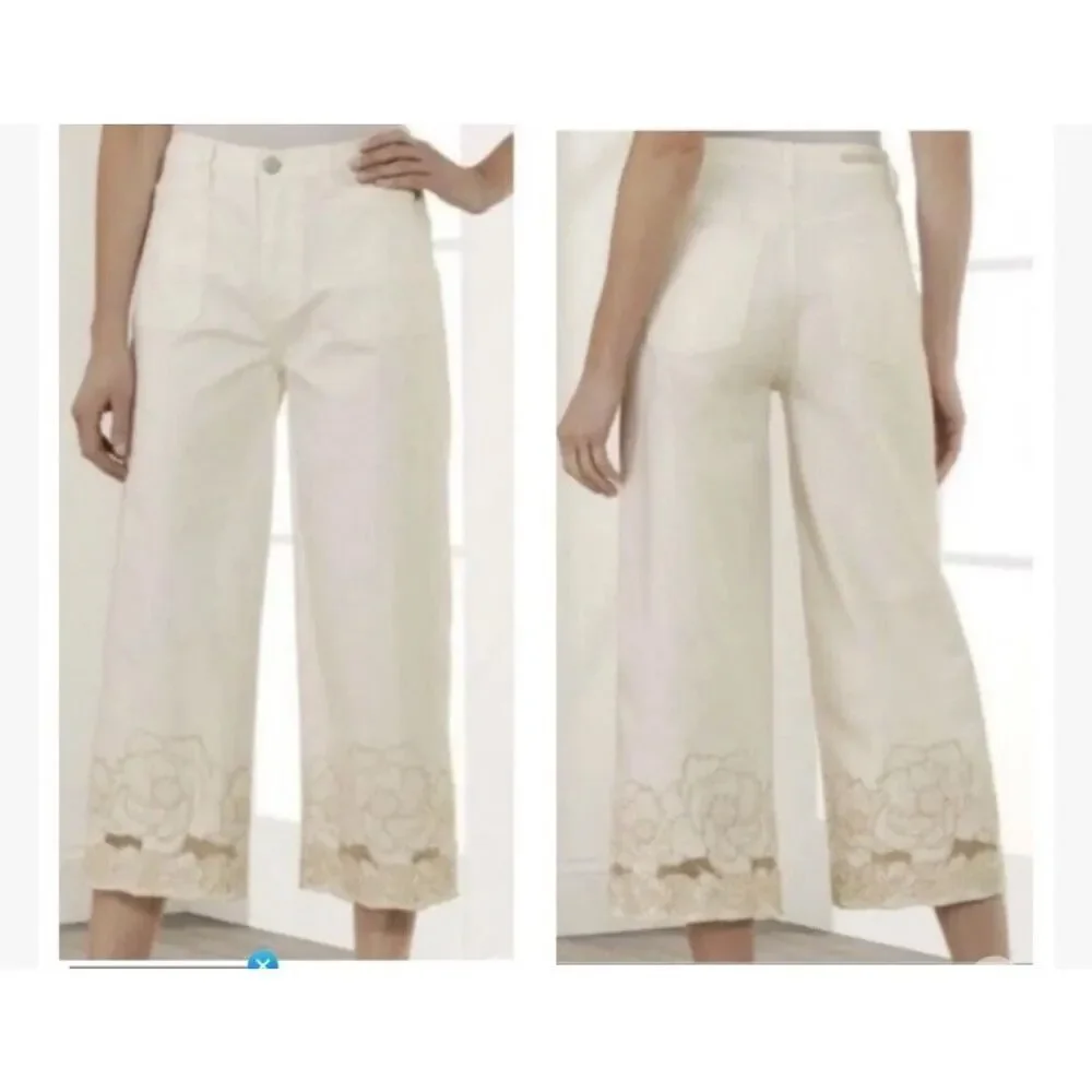 Soft Surroundings The Ultimate Wide Leg Crop Jeans Embroidered Ivory 6